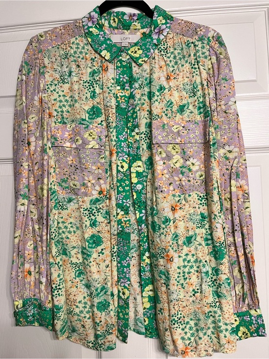 LOFT Tops - LOFT Green & Lavender Mixed Floral Patchwork Button-Front Blouse